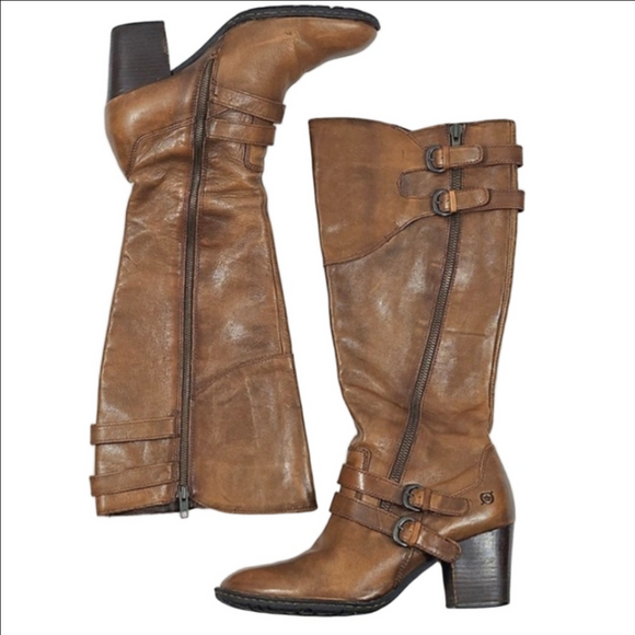 Born Shoes - Born Milari Marrone Brown Leather  Buckle Strap Tall Knee High Block Heel Boot
